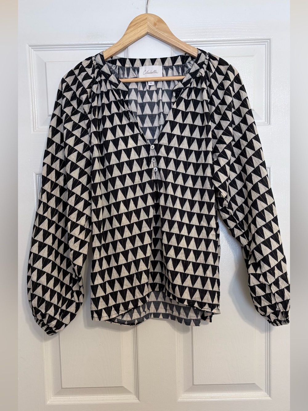 Cleobella Organic Cotton Lurex Peasant  Blouse – Geometric Print (Size XL)